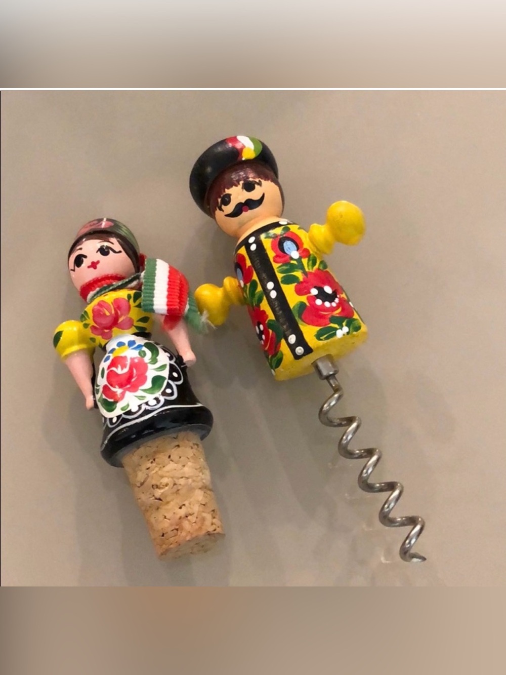 Hungarian figures Hand-painted ceramic and wooden figural wine bottle stopper an